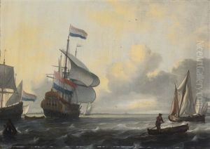 A Two-decker, A Fluyt, A Kaag And A Weyschuit In A Stiff Breeze by Ludolf Backhuysen the Elder