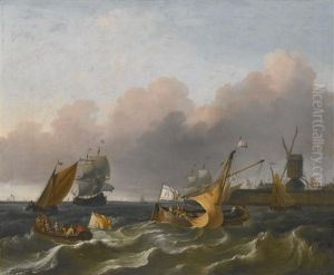 Dutch Coastal Vessels And A Merchantman Off A Harbour Mouth by Ludolf Backhuysen the Elder