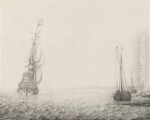 A Man-o-war, Together With Boats And Fishermen Hauling In Their Catch by Ludolf Backhuysen the Elder