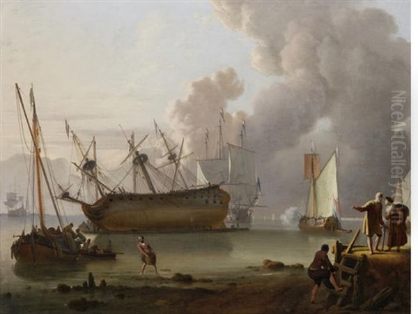 A Man O'war Being Caulked Offshore In A Calm, A Yacht Firing A Salute Nearby And A Man O'war Under Sail Beyond, Fishermen Unloading Their Catch And Peasants On A Jetty In The Foreground - view 1