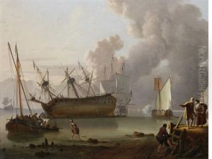 A Man O'war Being Caulked Offshore In A Calm, A Yacht Firing A Salute Nearby And A Man O'war Under Sail Beyond, Fishermen Unloading Their Catch And Peasants On A Jetty In The Foreground by Ludolf Backhuysen the Elder
