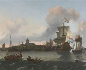 View From The Nieuwe Maas River Towards The City Of Vlaardingen by Ludolf Backhuysen the Elder