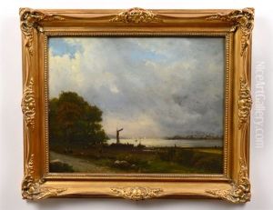 River Scene With Figures And Boats. Partially Signed L/l River Scene With Figures And Boats. Partially Signed L/l