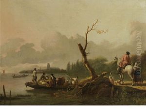 A River Landscape, Most Probably The Merwede, With Figures Departing On A Ferry, A Horseman And Maid On The Bank, The Tower Of The Grote Kerk, Dordrecht, In The Distance by Ludolf Backhuysen the Elder