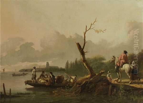 A River Landscape, Most Probably The Merwede, With Figures Departing On A Ferry, A Horseman And Maid On The Bank, The Tower Of The Grote Kerk, Dordrecht, In The Distance - view 1