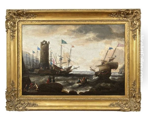 A Barbary Pirate Fleet At A Harbour With A Ruined Tower, In Fresh Weather, Eastern Merchants In The Foreground - view 1