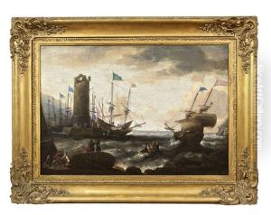 A Barbary Pirate Fleet At A Harbour With A Ruined Tower, In Fresh Weather, Eastern Merchants In The Foreground by Ludolf Backhuysen the Elder