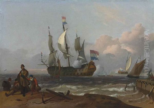 A Dutch Man-of-war Firing A Salute And Other Shipping Off An Island, Possibly Texel, With Fishermen On The Shore In The Foreground And Others On A Pier - view 1