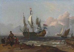 A Dutch Man-of-war Firing A Salute And Other Shipping Off An Island, Possibly Texel, With Fishermen On The Shore In The Foreground And Others On A Pier by Ludolf Backhuysen the Elder