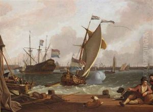 A View Of The Ij With The East Indiaman Kattendyck, A States Yacht And Various Other Ships, The Harbour Of Amsterdam Beyond by Ludolf Backhuysen the Elder