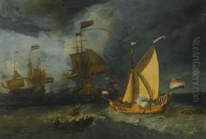 The Dutch Fleet At Sea, With A States Yacht Firing A Salute by Ludolf Backhuysen the Elder