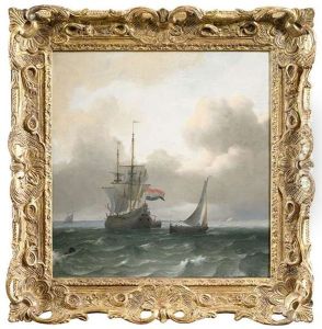 Niederlandische Handelsschiffe In Bewegter See Unter Bewolktem Himmel, Im Hintergrund Kustenstreifen Mit Stadtsilhouette by Ludolf Backhuysen the Elder