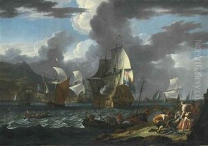 A Capriccio: The Flagship Saluting Her Arrival At A Mediterranean Port Amidst Other Shipping by Ludolf Backhuysen the Elder