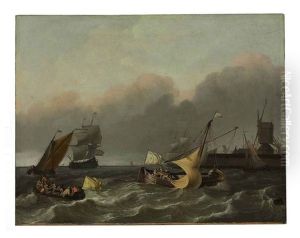 Ships On The Ij River, Off The Leeuwenberg Jetty And The Windmill De Bok by Ludolf Backhuysen the Elder