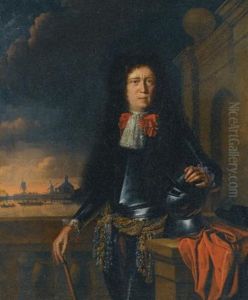 A Portrait Of Jan Van Broeckhuizen With Ships In The Background by Ludolf Backhuysen the Elder