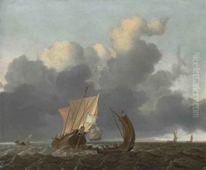 "sint Joan" And Other Shipping In Choppy Waters, The Coast Beyond by Ludolf Backhuysen the Elder