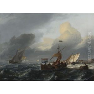 Small Dutch Vessels In Breezy Coastal Waters, A Harbor Beyond by Ludolf Backhuysen the Elder
