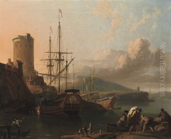A Mediterranean Coastal Scene At Sunset With A Royal Yacht Being Caulked, A Tower By A Fort Nearby - view 1