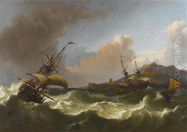 Dutch Shipping In Choppy Seas Off A Rocky Coastline - view 1