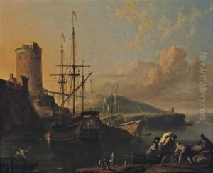 A Mediterranean Coastal Scene At Sunset With A Royal Yacht Being Caulked, Sailors Unloading Cargo