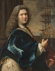 A Selfportrait Of The Artist, Half Length In Front Of An Open Window, A View On A Merchant Ship Beyond