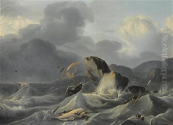 Shipping Foundering In Stormy Seas Off A Rocky Coastline - view 1