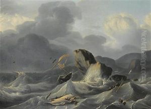 Shipping Foundering In Stormy Seas Off A Rocky Coastline by Ludolf Backhuysen the Elder