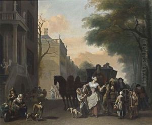 A View In Amsterdam With A Maid Flirting With A Knife Grinder On A Canal by Ludolf Backhuysen the Elder