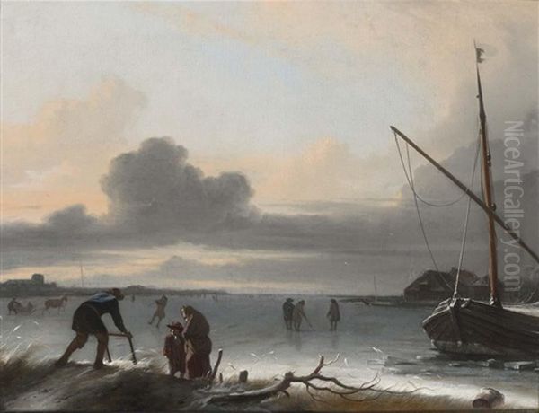 A Winter Landscape With Figures Skating And Playing Golf On A Frozen Lake - view 1