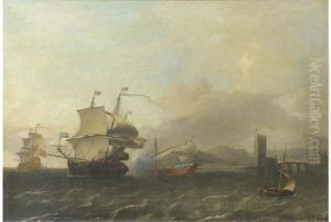 A Naval Engagement Off The Coast Of A Harbour Town by Ludolf Backhuysen the Elder