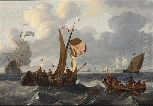 A Wijdschip In A Breeze Together With A Rowing Boat With Figures In The Foreground, A View Of A Town And Other Shipping Beyond - view 1