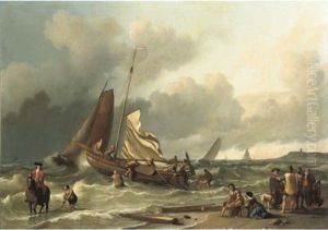 Dutch Fishing Boat In A Squall With An Elegant Man On Horseback In The Shallow Tide, Other Fishing Vessels Beyond by Ludolf Backhuysen the Elder