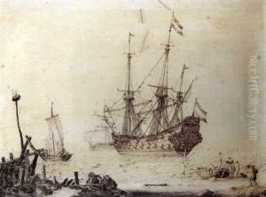 A Danzig Galleon Offshore Making Ready To Sail With Figures On The Beach Loading A Longboat As Other Vessels Come Into The Anchorage, A Penschilderij by Ludolf Backhuysen the Elder