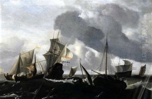 Ein Hollandisches Kriegsschiff Und Andere Schiffe Auf Bewegter See by Ludolf Backhuysen the Elder