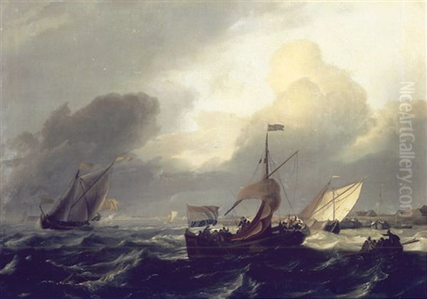 Small Dutch Vessels In Breezy Coastal Waters, A Harbour Beyond - view 1