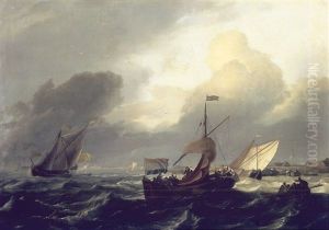 Small Dutch Vessels In Breezy Coastal Waters, A Harbour Beyond by Ludolf Backhuysen the Elder