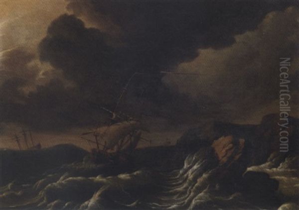 Dutch Three-masters Off A Rocky Coast In A Gale - view 1