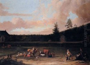 A River Landscape With The Artist In The Foreground Sketching A House by Ludolf Backhuysen the Elder