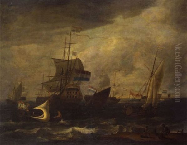Dutch Shipping In A Moderate Wind, With A Fisherman And His Wife Preparing Their Nets On The Beach In The Foreground - view 1