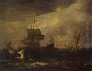 Dutch Shipping In A Moderate Wind, With A Fisherman And His Wife Preparing Their Nets On The Beach In The Foreground by Ludolf Backhuysen the Elder