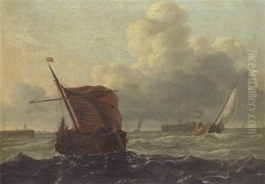 Marine: Fischerboote Und Zweimaster Auf Bewegter See Vor Der Hafenstadt by Ludolf Backhuysen the Elder