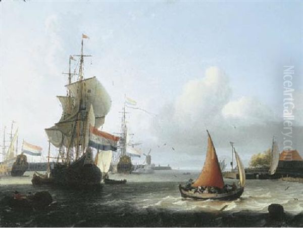 The "ij, Amsterdam" With A Ferryboat Under Full Sail Before A Fluyt, Dutch Men-o'-war At Anchor Beyond - view 1