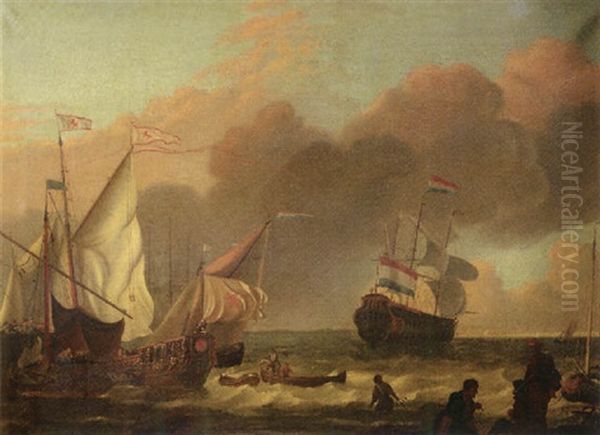 Sailing Ships By A Landing Stage With A Three-master Setting Out, Fishermen On The Beach Nearby - view 1