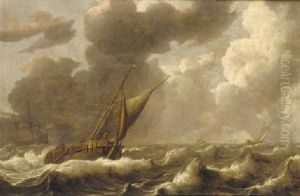 A Stormy Seascape With French Frigates And Other Shipping by Ludolf Backhuysen the Elder