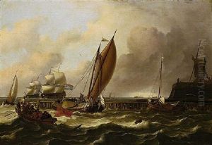 A Seascape With A Jetty And Windmill, A Fishing Boat Flying The Amsterdam Flag And Smaschips On Choppy Seas, Larger Shipping Vessels Beyond