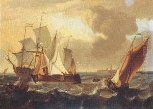 Shipping Vessels On Choppy Seas, The Town Of Enkhuizen Beyond by Ludolf Backhuysen the Elder