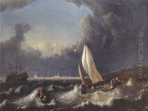 A Storm Off Hoorn With A Wijdschip Going About And A Pink With Its Lowered Sail, A Smalschip Tacking And A Man-of-war At Anchor Beyond by Ludolf Backhuysen the Elder