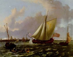 A British Sloop And Other Shipping In A Stiff Breeze On The Maas By Dordrecht