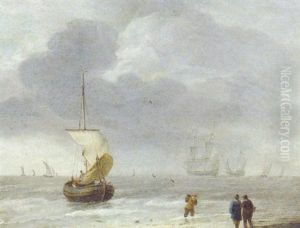A Sailing Boat Nearing A Beach With Other Shipping Beyond by Ludolf Backhuysen the Elder