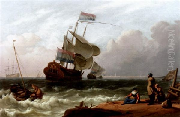 A Dutch Man-of-war In A Stiff Breeze With Fisherfolk In The Foreground - view 1